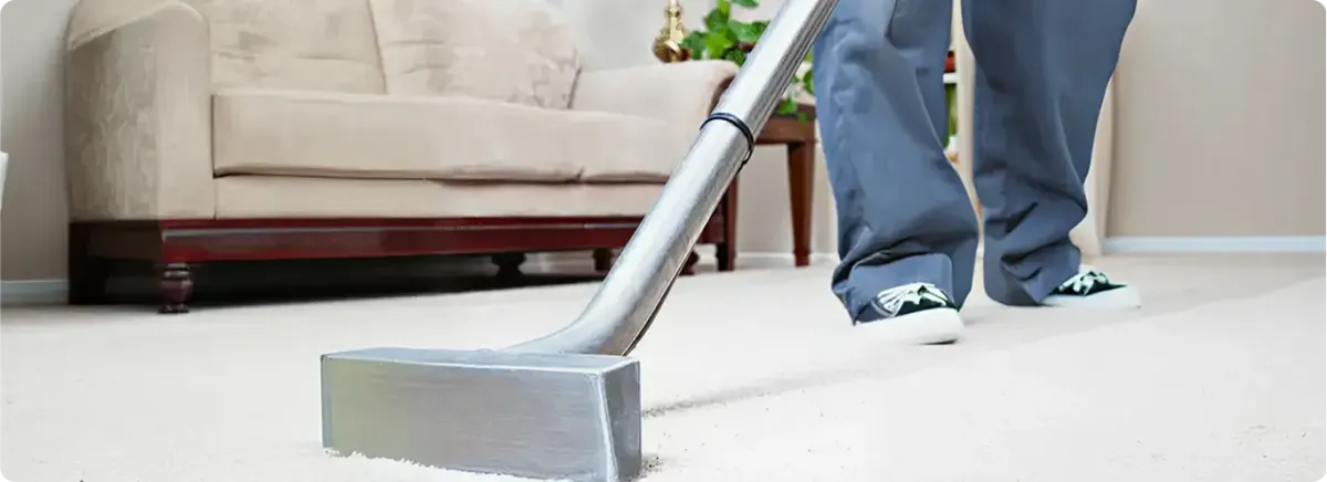 Carpet cleaning technician using a hot-water extraction wand on a light-colored carpet in a living room, San Antonio, TX.